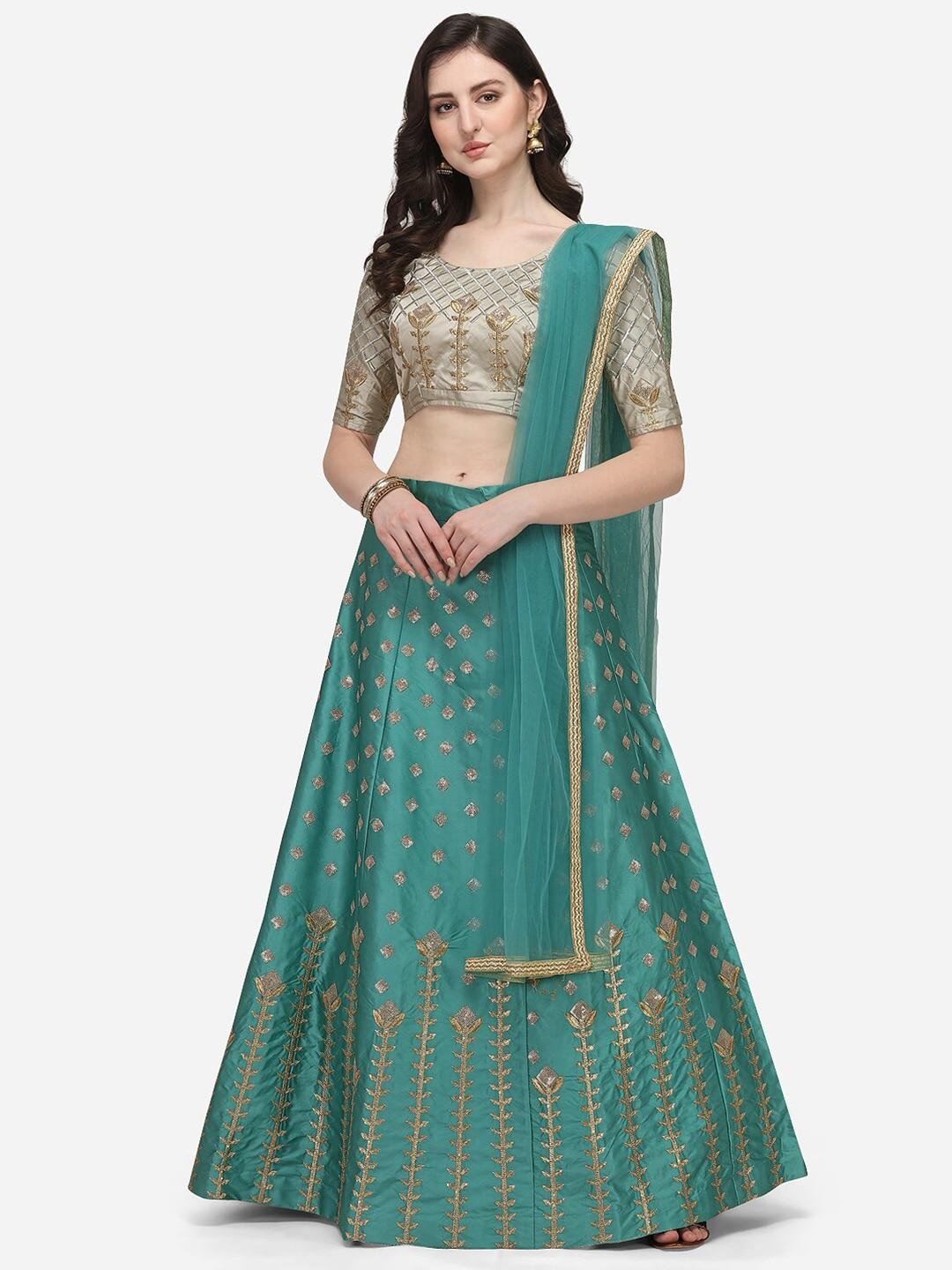 JATRIQQ Green & Grey Embroidered Sequinned Semi-Stitched Lehenga & Unstitched Blouse With Dupatta