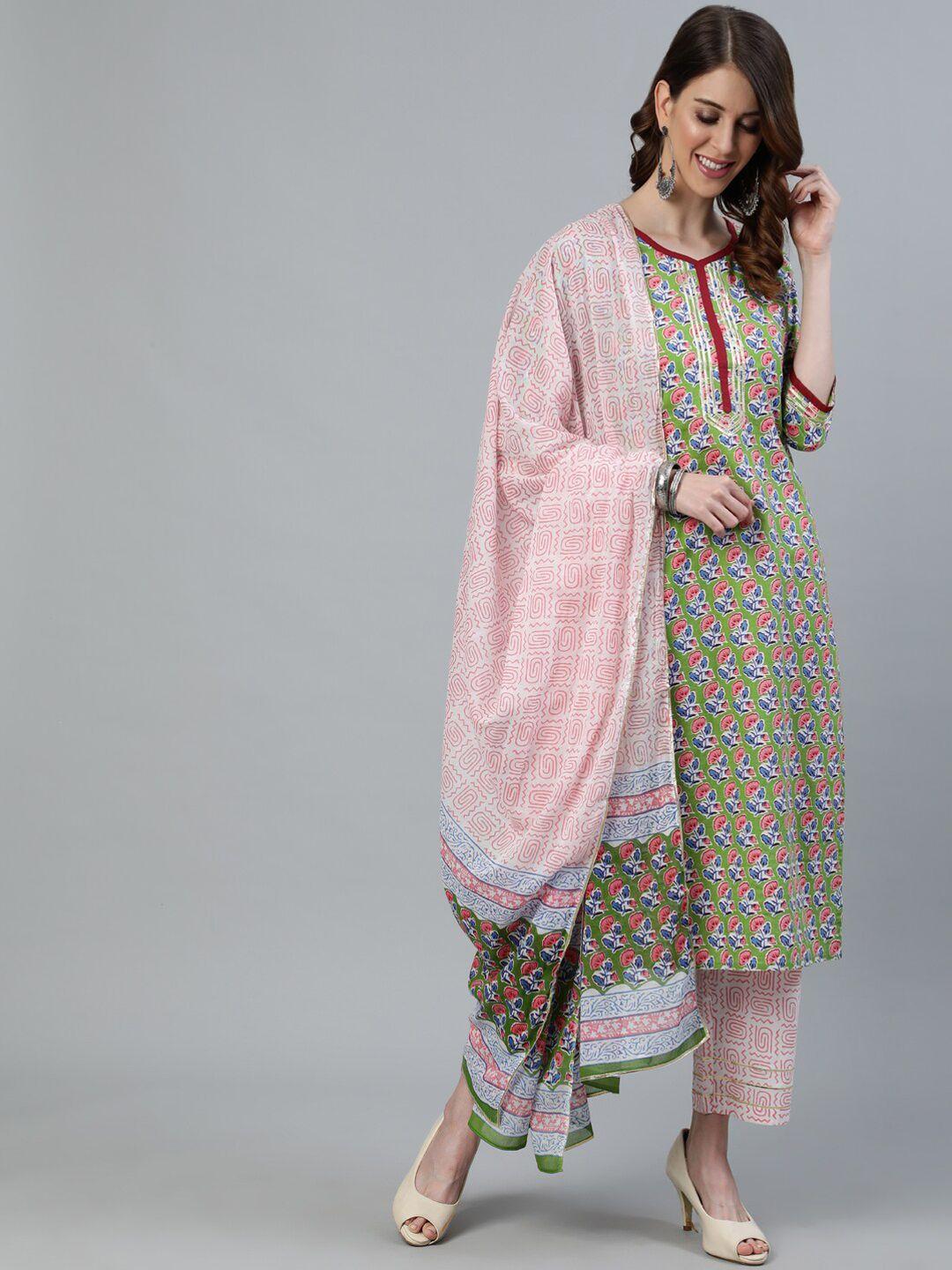 Jaipur Kurti Women Green Ethnic Motifs Printed Pure Cotton Kurta with Trousers & With Dupatta