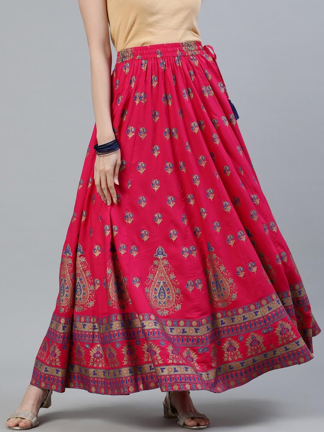 jaipur-kurti-women-pink-printed-maxi-flared-skirt