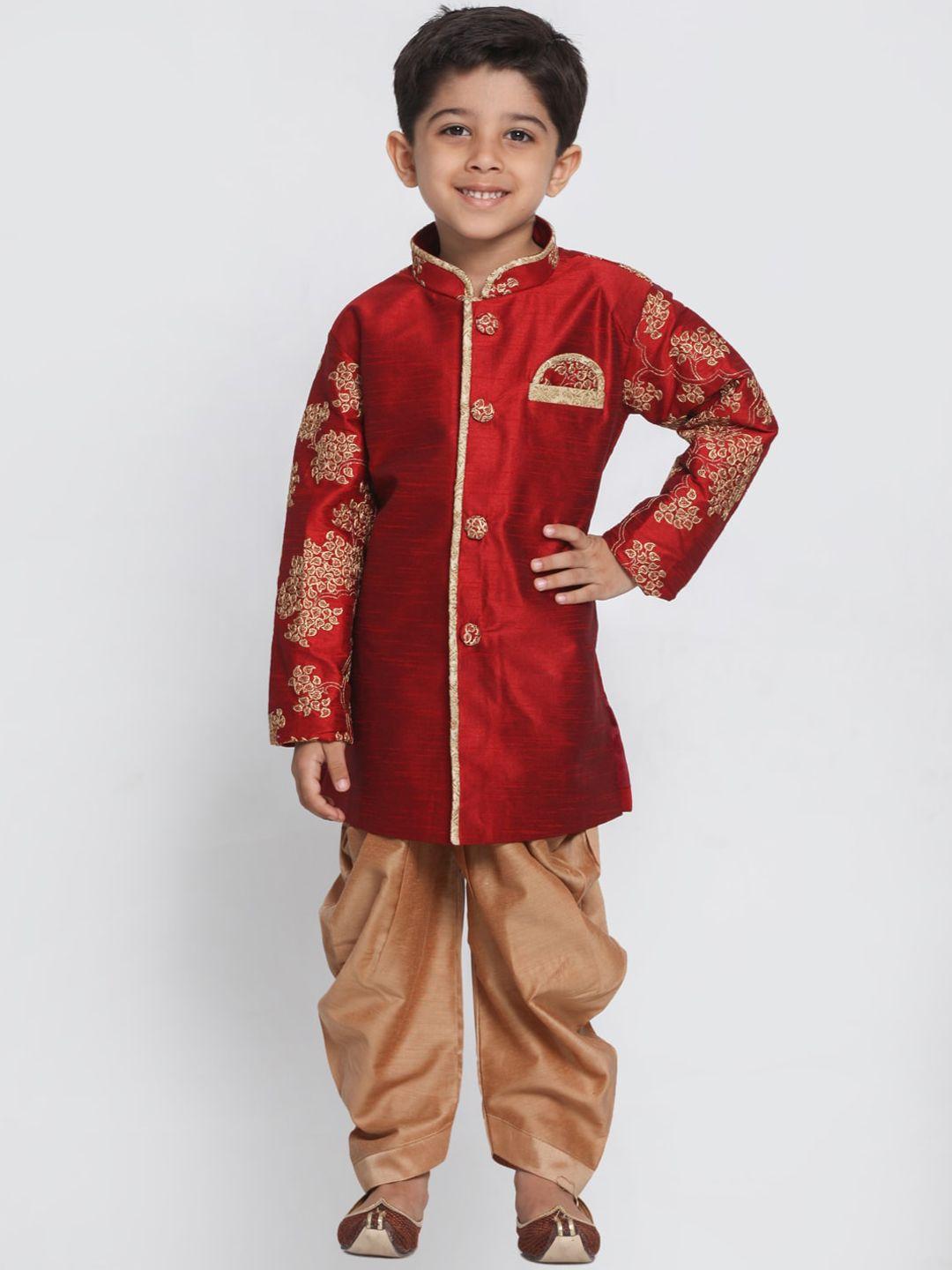 vastramay-boys-maroon-&-gold-coloured-woven-design-slim-fit-sherwani-set