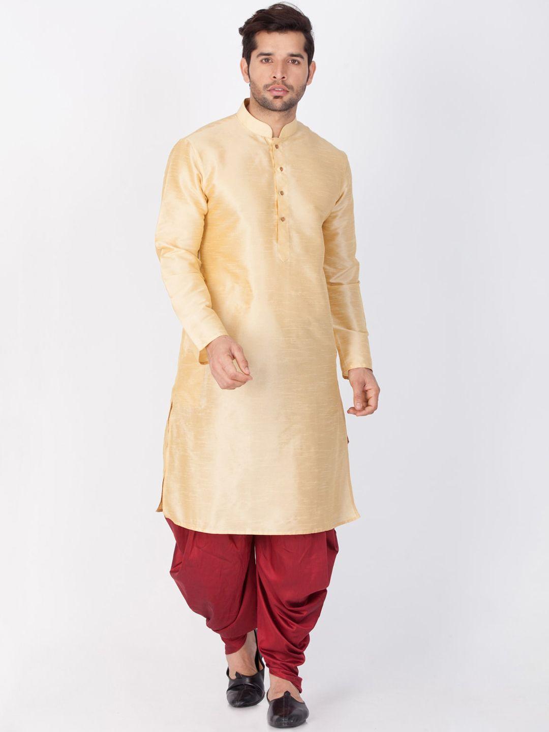 vastramay-men-gold-&-maroon-straight-kurta-with-dhoti-pants