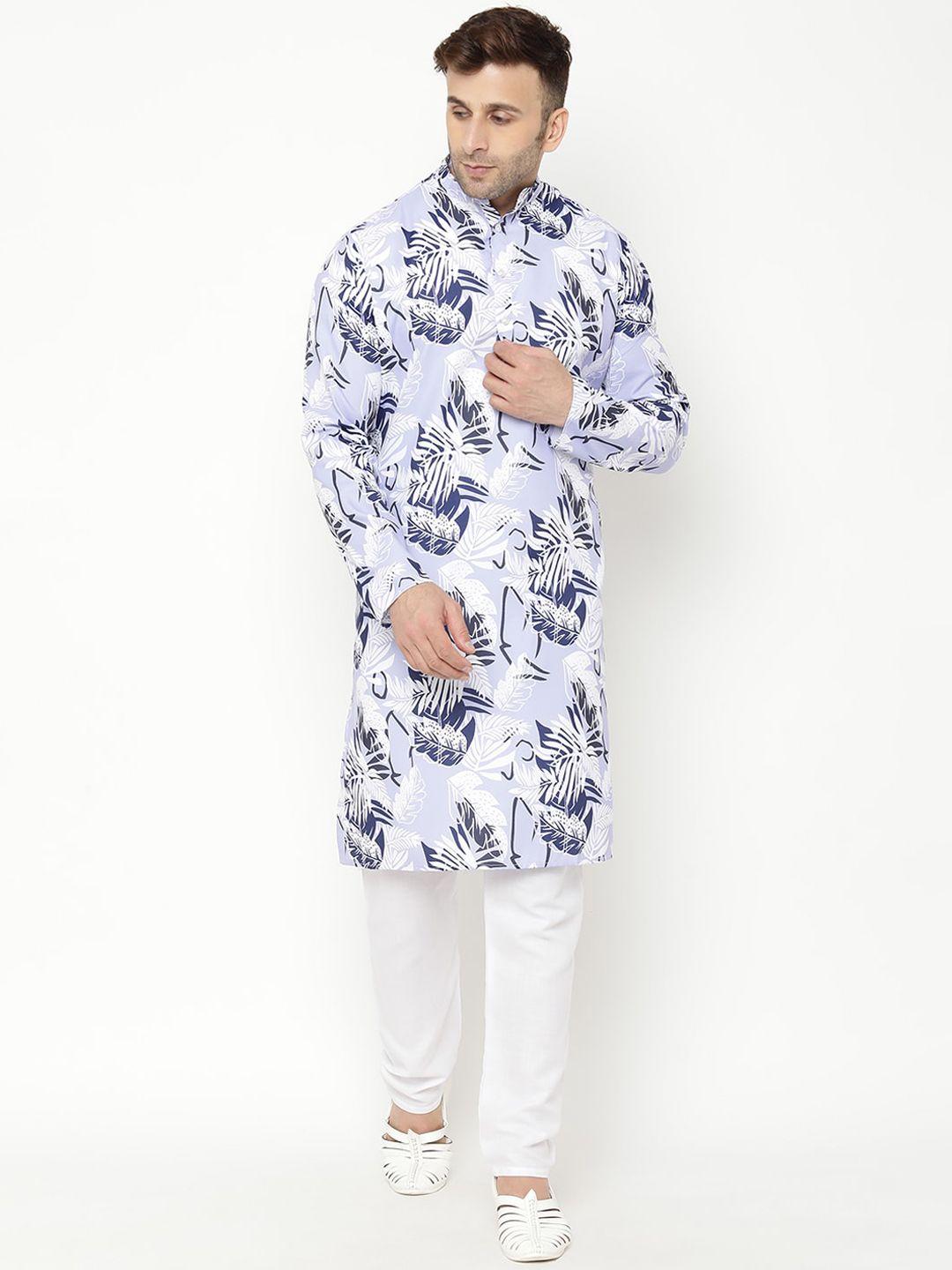 Hangup Men White & Blue Floral Printed Kurta with Pyjamas