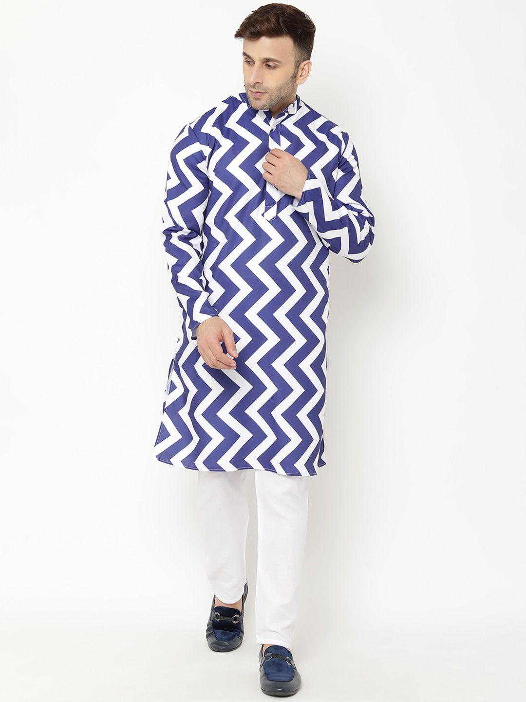 hangup-men-white-&-blue-printed-kurta-with-pyjamas