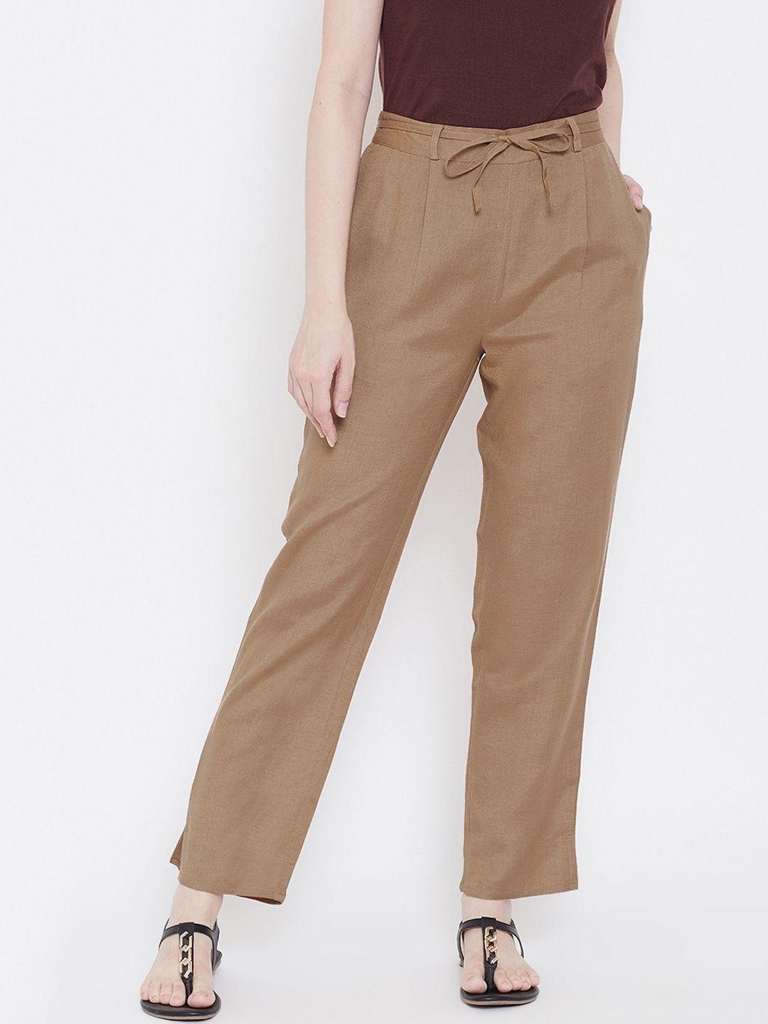 be-indi-women-brown-straight-fit-pleated-trousers