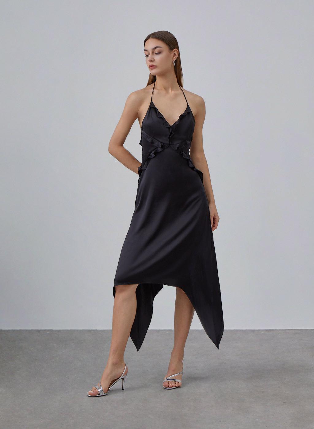 black-ruffled-halter-neck-silky-dress