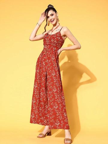 Berrylush Women Red & Off-White Floral Printed Round Neck Sleeveless Gathered Jumpsuit