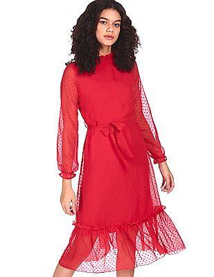 women-red-ruffled-high-neck-slub-design-dress