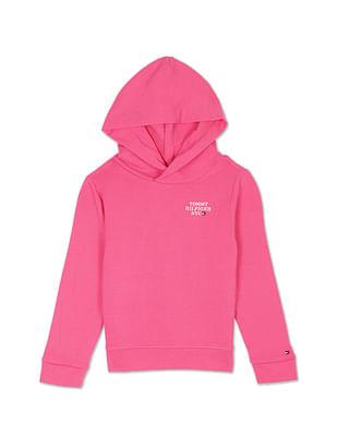 Girls Pink Embroidered Logo Hooded Solid Sweatshirt