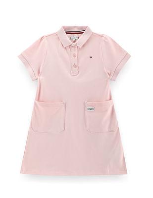 Girls Patch Pocket Solid Polo Dress
