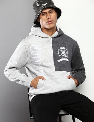 Men Grey Icon Crest Splice Hooded Sweatshirt