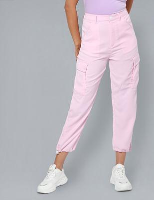Light Pink Mid Rise Solid Trousers