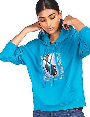 Women Blue Long Sleeve Graphic Print Hooded Sweatshirt