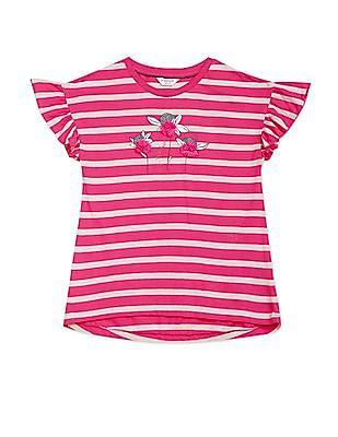 Girls Pink Round Neck Striped T-Shirt