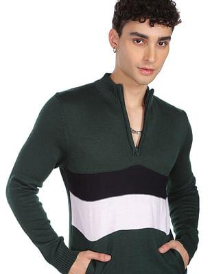 men-dark-green-mock-neck-colour-block-acrylic-sweater