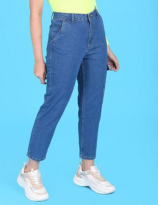 Blue High Rise Rinsed Mom Fit Jeans