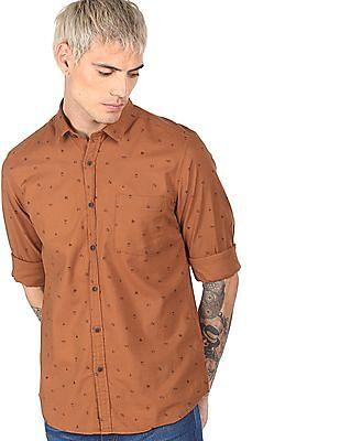 Men Rust Spread Collar Printed Casual Shirt