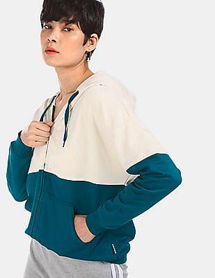 Off-White And Teal Zip Up Colour Blocked Hood Sweatshirt