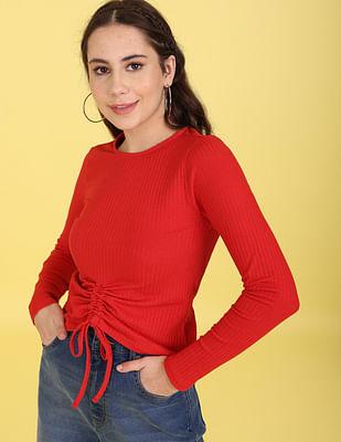 red-long-sleeve-ribbed-solid-top