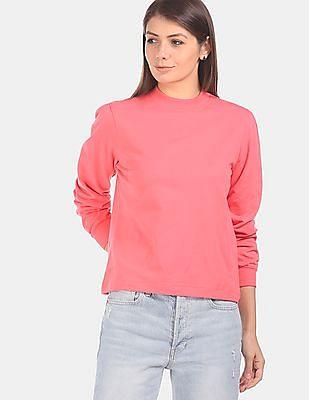 Women Coral Pink Crew Neck Solid Sweatshirt
