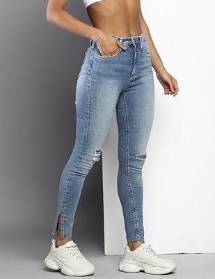Recycled Cotton Unfinished Hems Distressed Jeans