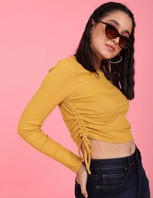 mustard-ruched-solid-rib-knit-crop-top