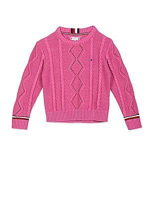 Girls Pink Crew Neck Cable Knit Sweater