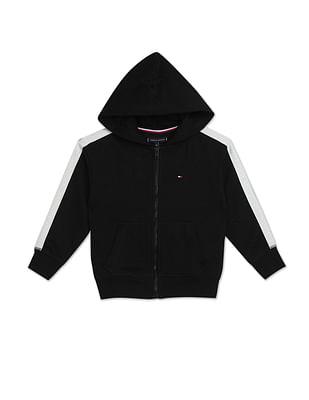 Boys Black Zip-Up Brand Taped Hooded Sweatshirt