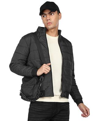 men-black-high-neck-solid-quilted-jacket