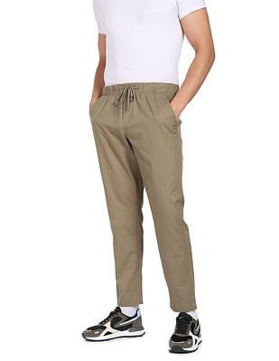 men-olive-mid-rise-drawstring-waist-solid-pants