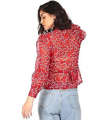 women-red-long-sleeve-floral-print-top