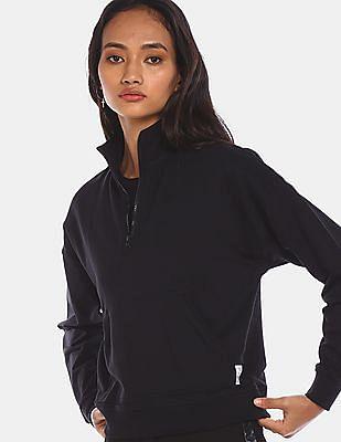 black-short-zipper-placket-solid-sweatshirt