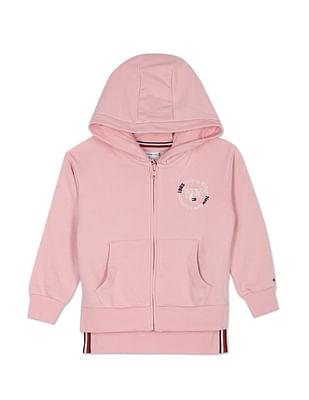 Girls Pink Timeless Logo Zip Through Hooded Solid Sweatshirt