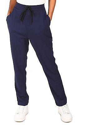 Women Navy Mid Rise Solid Pants