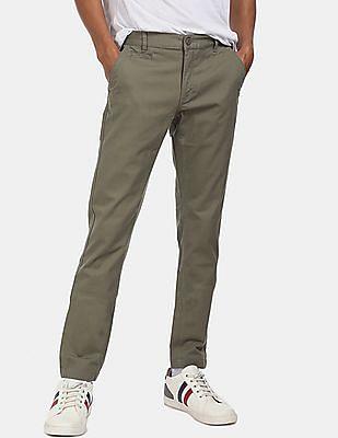 Flat Front Solid Cotton Stretch Casual Trousers