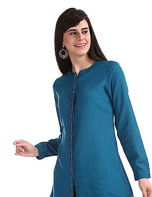 Blue Embroidered Placket Long Sleeve Tunic