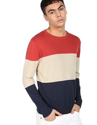 men-rust-and-navy-crew-neck-colour-block-sweater
