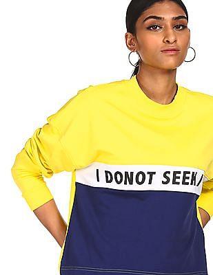 women-yellow-and-navy-drop-shoulder-colour-block-sweatshirt