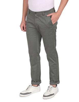 Men Grey Flat Front Printed Casual Trousers