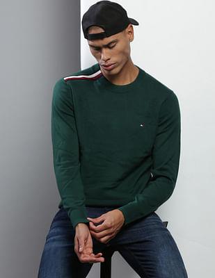 Men Dark Green Crew Neck Placement Brand Taped Cotton Sweater