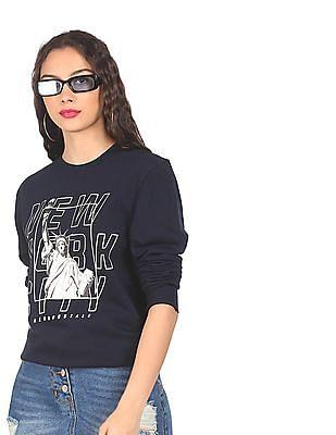 Women Navy Crew Neck Brand Print Sweatshirt