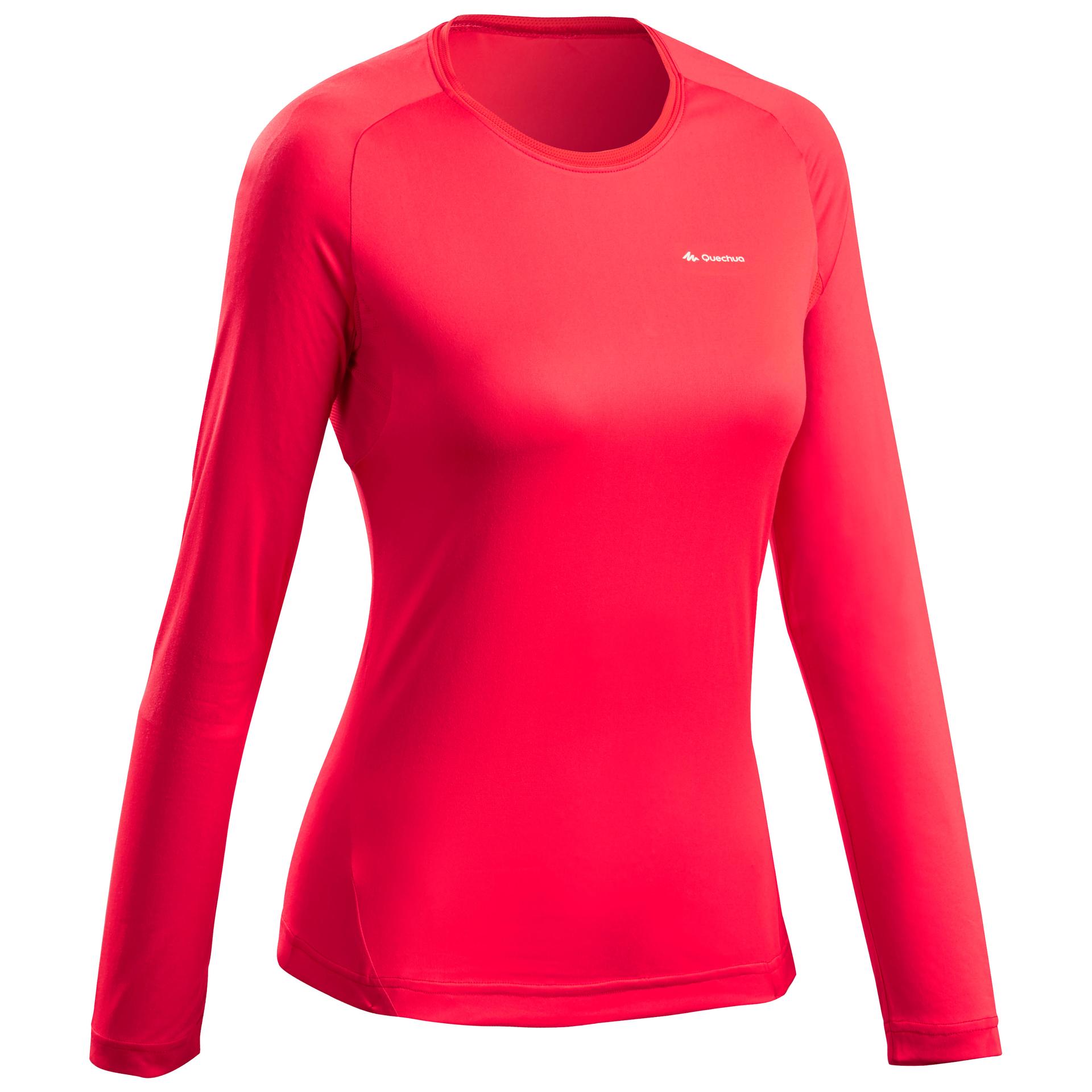 women-hiking-quick-drying-full-sleeve-t-shirt-mh550-coral-red