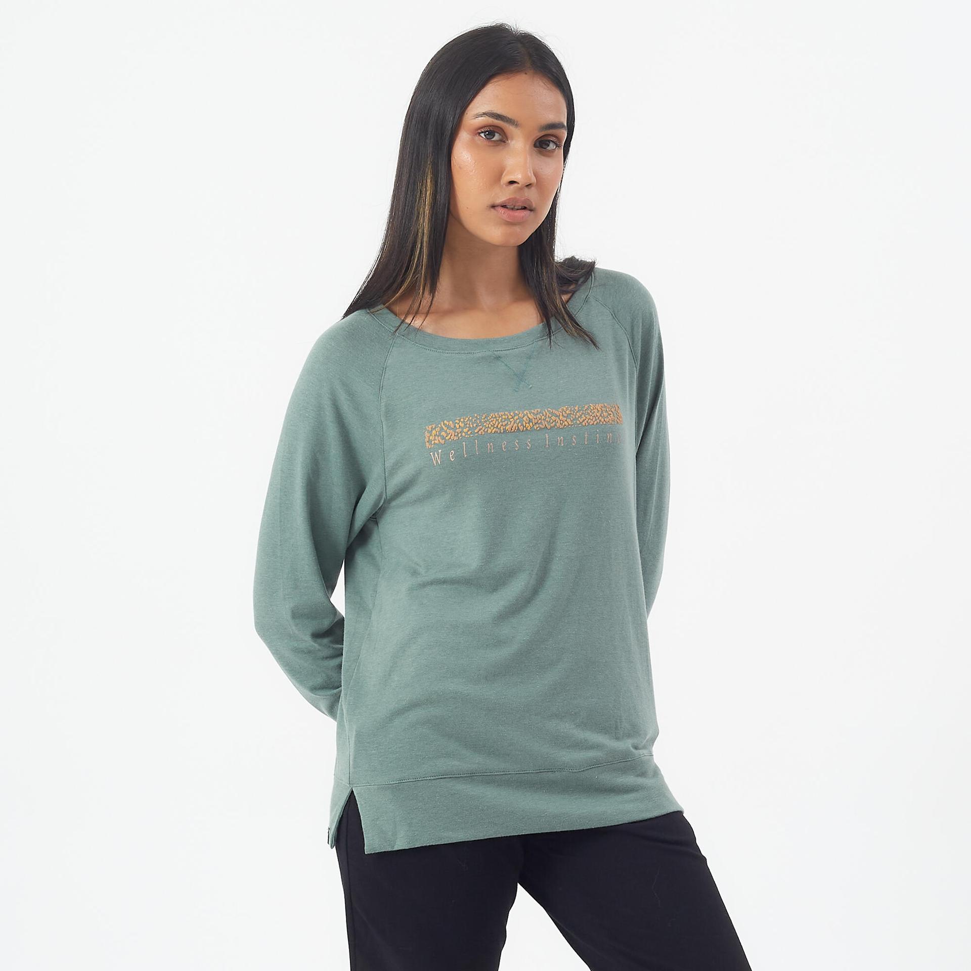 women's-gym-cotton-blend-long-sleeve-t-shirt-regular-fit-500-green-print