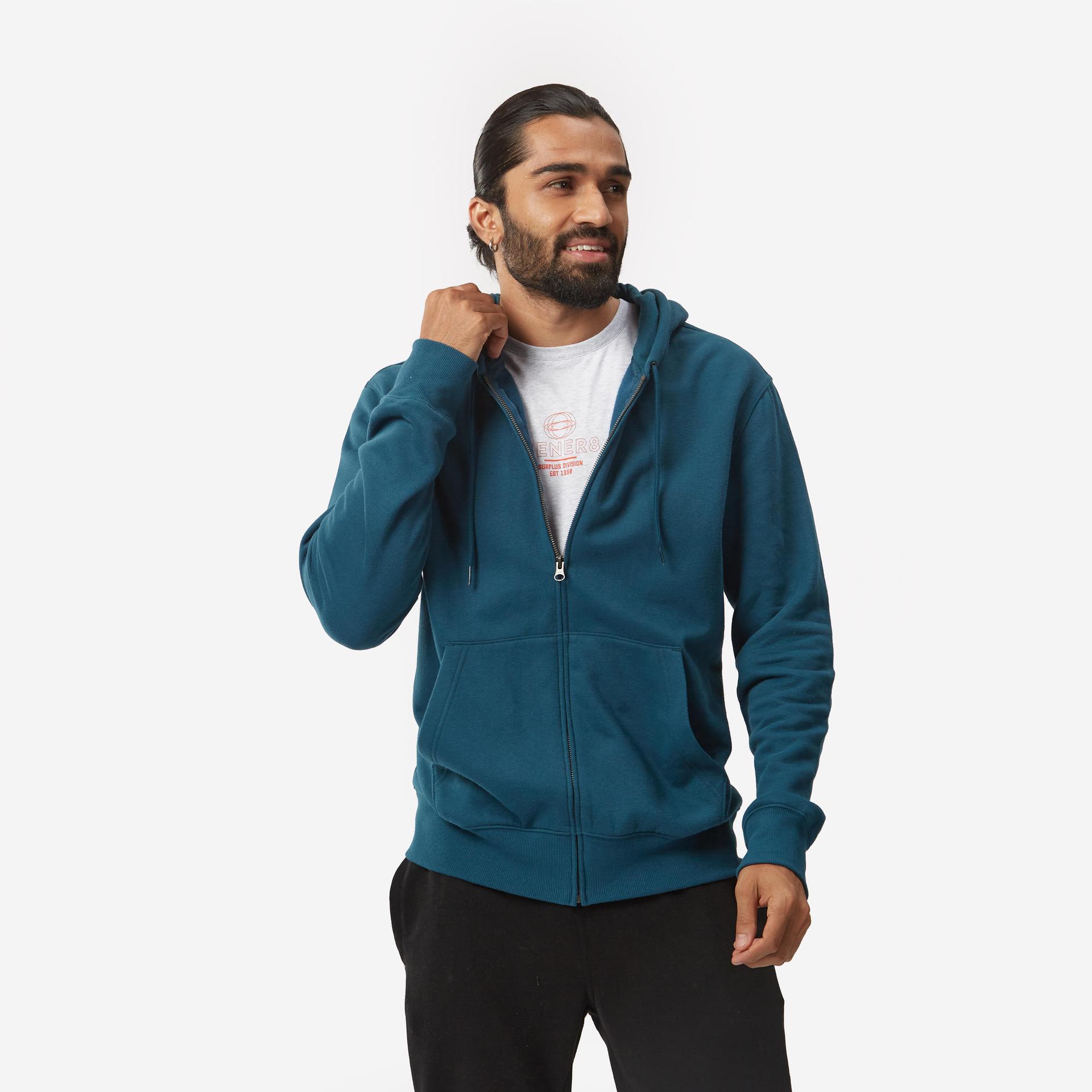 Men Sweatshirt With Hood and Zip Fleece Lined 500 For Gym-Dark Petrol Blue
