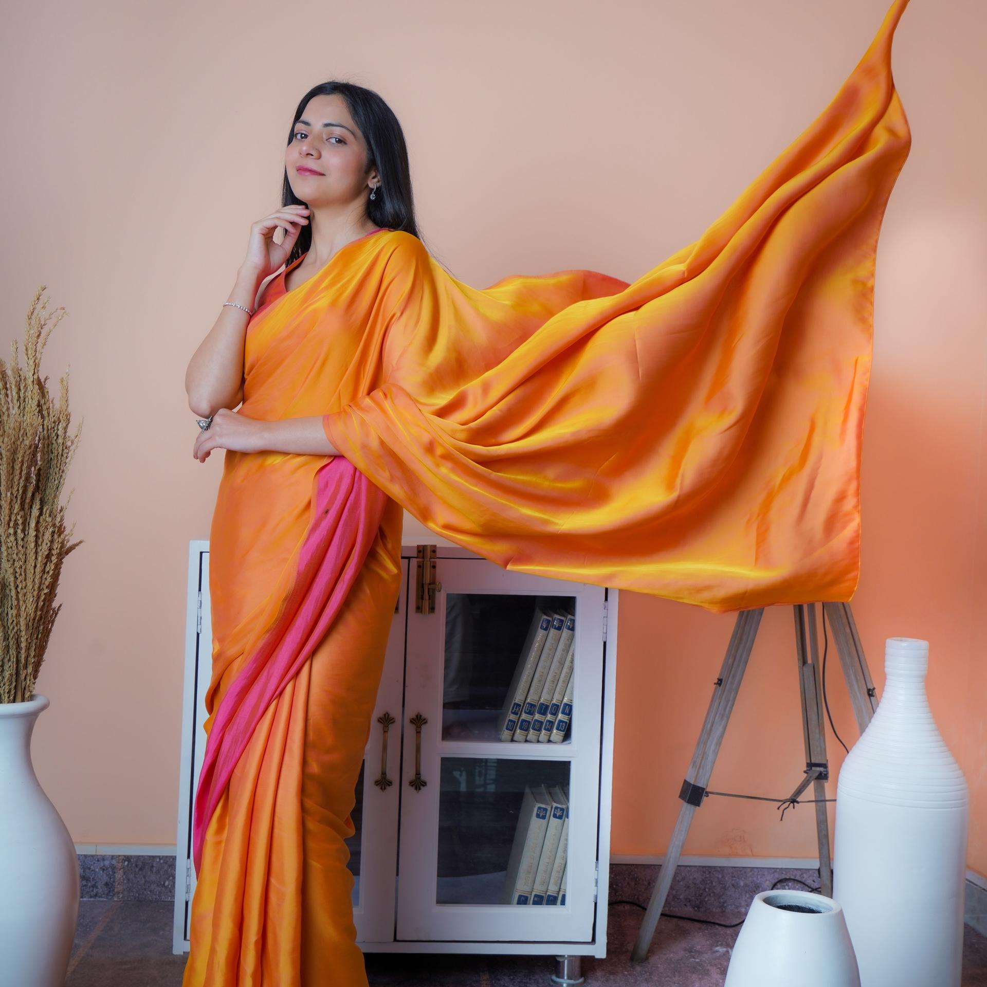 Satin Silk Saree (Dual Shade Orange & Pink)