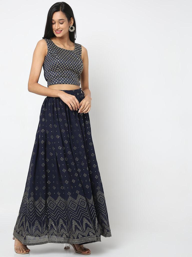 Women's Navy Blue Polyester Embellished Skirt