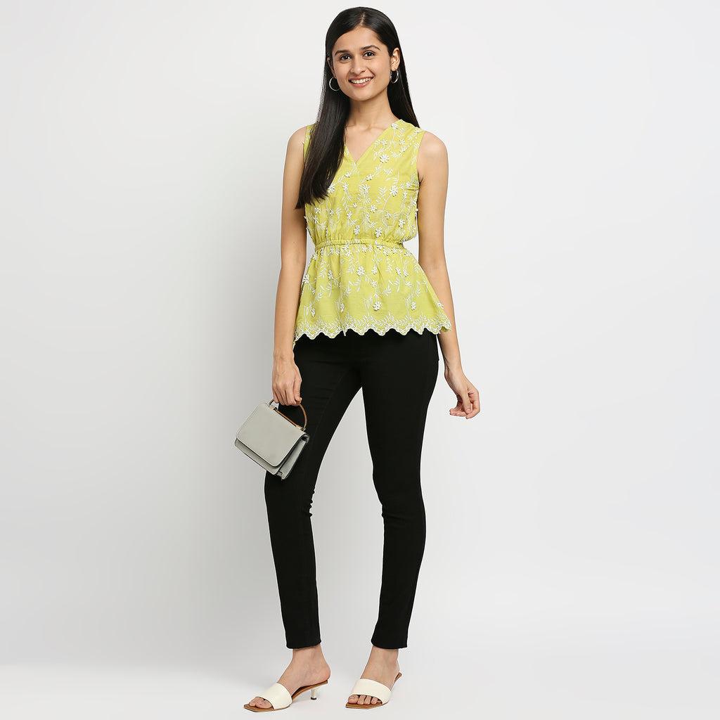 Women's Lime Green 60'S Cambric Solid Top