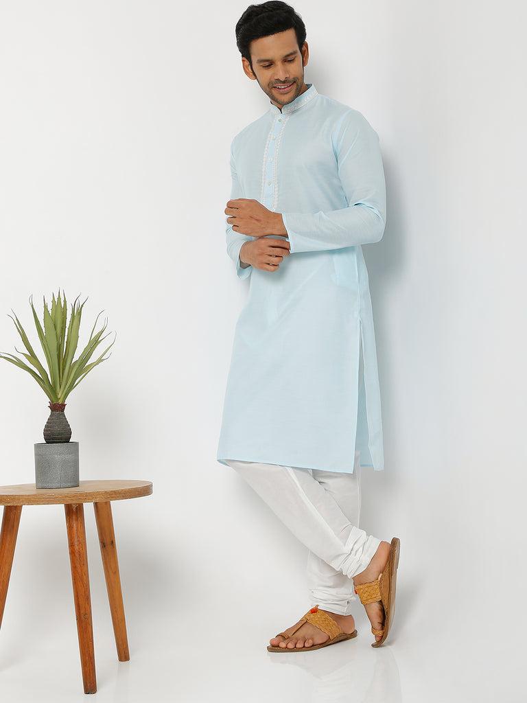 Men's Blue Polyester Cotton Embellished Kurta Churidar Sets