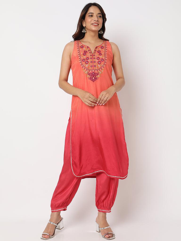 Aseesa Women's Orange Viscose Silk Tie - Dye Kurta Set