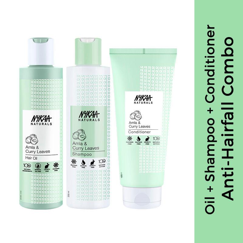 Nykaa Naturals Amla & Curry Leaves Anti-hair fall Hair Oil, Shampoo And Conditioner Combo