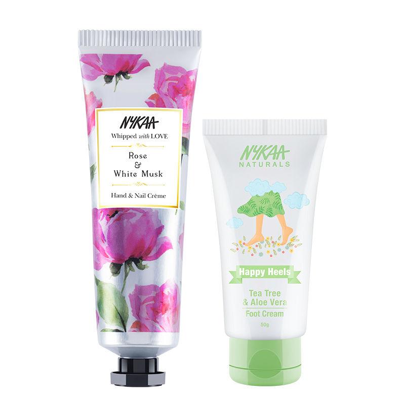 Nykaa Naturals Mani-Pedi BFFs Combo- Rose & White Musk Hand Cream & Tea Tree & Aloe Vera Foot Cream